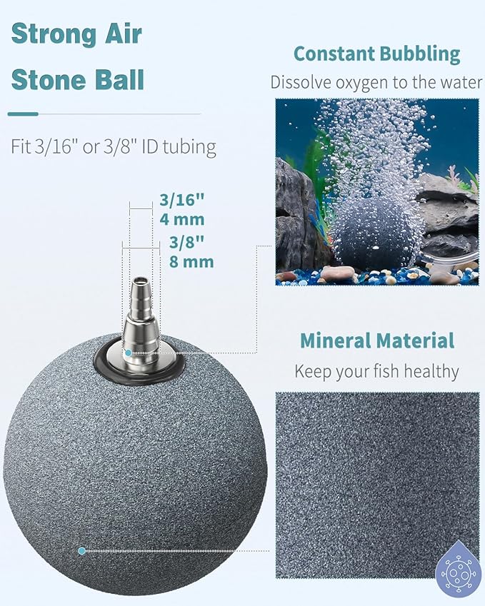 Pawfly Aquarium Air Stone 3 Inch Fish Tank Air Stone, Ball Bubbler Round Oxygen Diffuser for Air Pump Fish Tanks Buckets Small Ponds and DWC Systems, 2 Pack