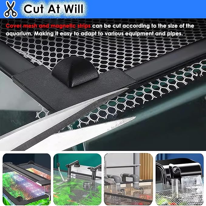 Katzowen DIY Fish Tank Top Cover/Anti-Jumping Net with Magnetic Edges, Mesh Terrarium Lid Aquarium Hood, Square Ventilation Opening Screen Netting, Cut to Size(L55.1xW17.7in/140x45cm)