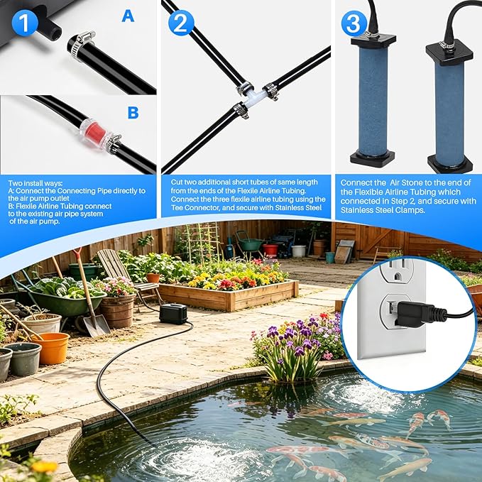 POPOSOAP Pond Aerator Accessories Kit, 52.4 Ft Flexible Black Pond Aerator Tubing with 2-Way Splitter & 2 Air Stones for Ponds, Fish Tanks, Aquariums, Septic Tanks (10mm ID) P802
