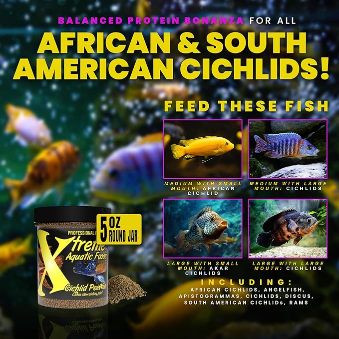 Xtreme Cichlid Peewee 1.5 mm Pellets - Proven Nutrition for Cichlids - Balanced Amino Acids, Boost Immune & Digestive Health, Color & Energy, Max Protein Freshwater Fish Food – USA Farm Grown (5oz)