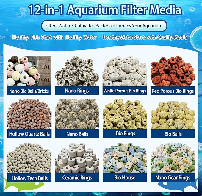 12-in-1 Biological Aquarium Filter Media Kit for Crystal Clear Water - Supports Nitrogen Cycle with Bio Balls, Ceramic Rings for Freshwater Saltwater Aquarium, Pond, Sump, Canister Filter (1.1lb)