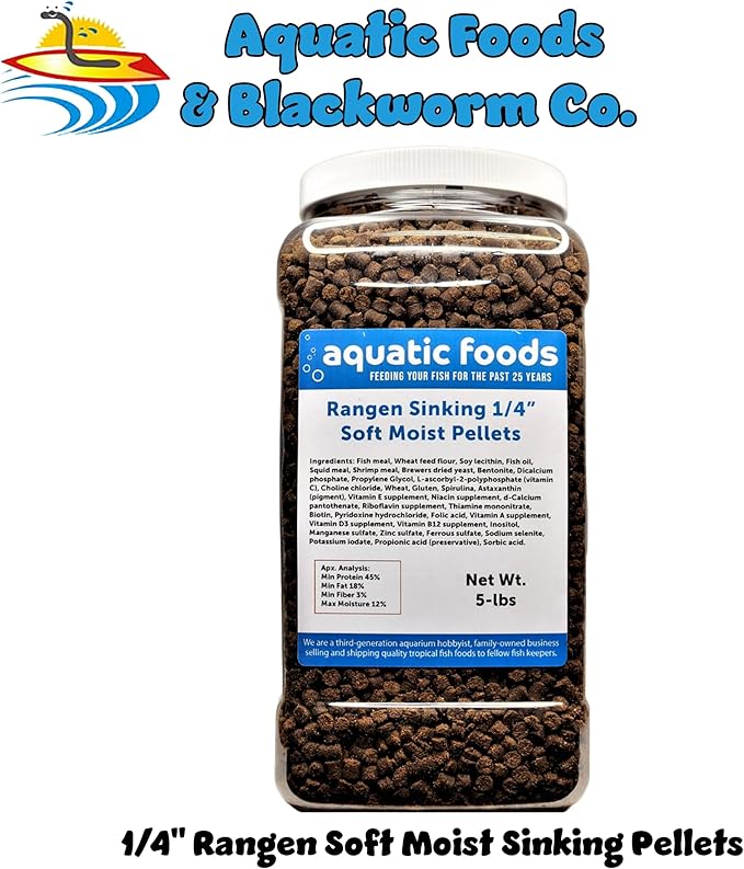1/4" Soft Moist Sinking Salmon Pellets for Adult Axolotls, Shrimp, Snails, Crabs, Small Amphibians, Bottom Tropical Fish..5-lb Lg Jar
