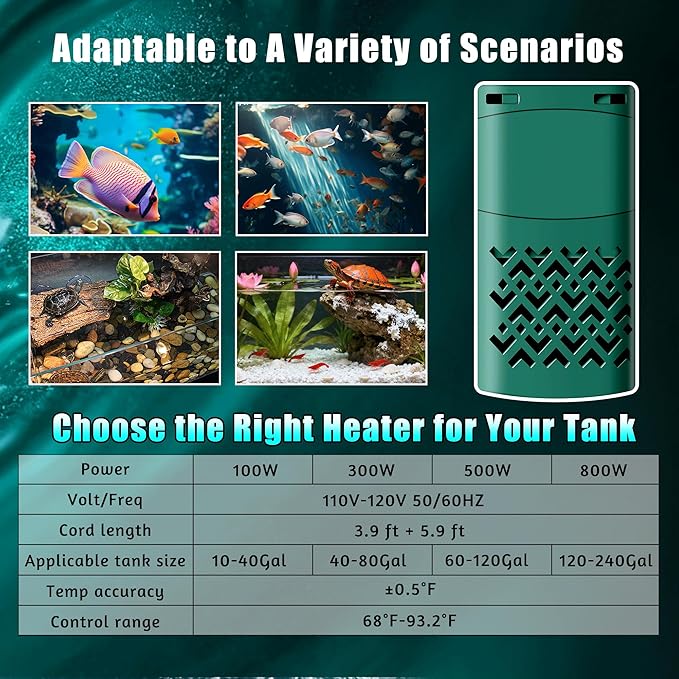 100W Smart Aquarium Heater Submersible with Variable-Frequency Energy Savings, Dual Probes for Leaving Water Automatically Stop, PTC Tech for Overheat Protection, Adjustable for Freshwater, Saltwater