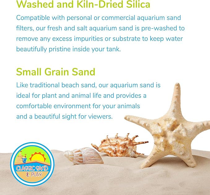 CLASSIC SAND & PLAY Natural Aquarium Sand for Freshwater and Saltwater Tanks, 40 lb. Bag, Improves Filter Life and Filtration Process, Pre-Washed Fine Sand, Natural