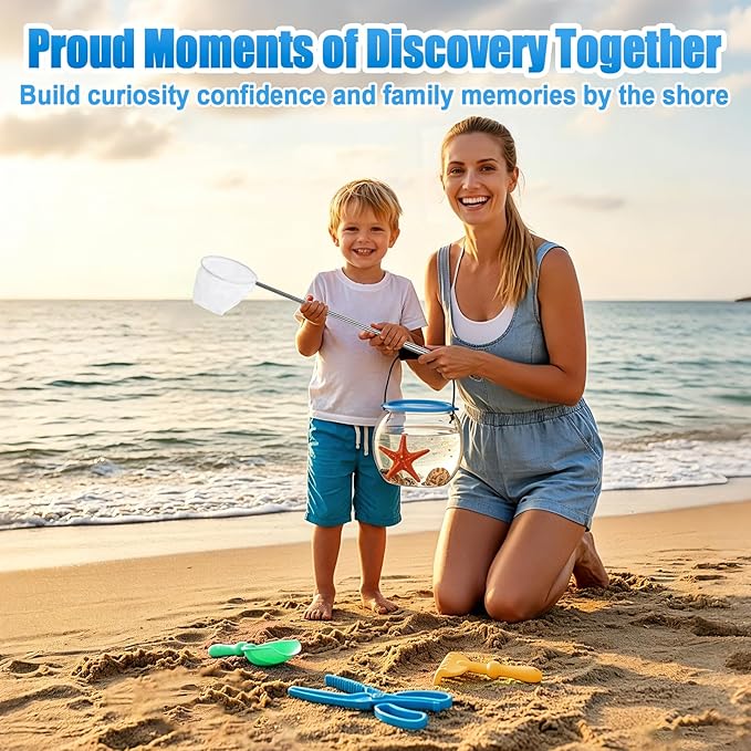 Kids Beach Exploration Kit, Catch & Release Aquarium Toy Set with Net, Crab Tongs, Sand Shovels & Clear Critter Keeper, Beach Toys for Kids Ages 2–12 (Beach, Lake, River)