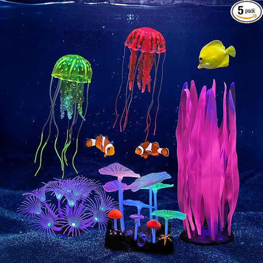 Lpraer 5 Pack Glow Aquarium Decorations Kelp Coral Mushroom Sun Flower Jellyfish Simulation Glow Plant Glowing Effect Silicone for Fish Tank Decorations