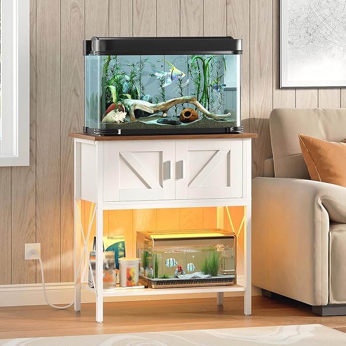 HOOBRO 20 Gallon Fish Tank Stand with Power Outlets and LED Light, Metal Frame Aquarium Stand, Reptile, Turtle Tank Stand with Cabinet Storage, 300 LBS Capacity, White and Walnut WH40UDFT01