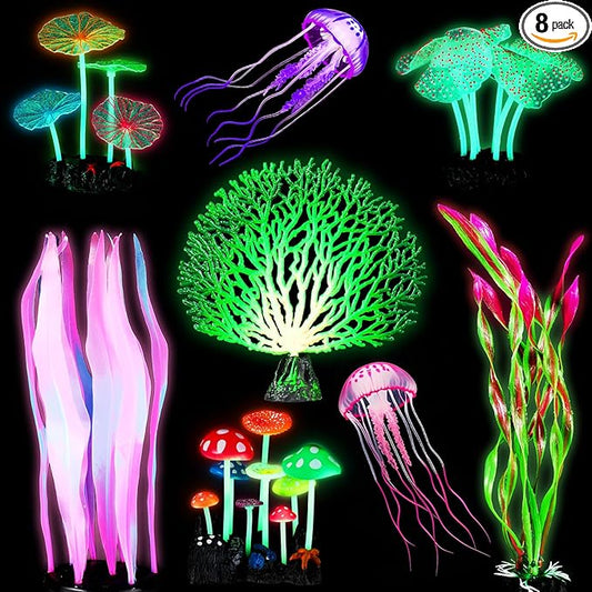 Frienda 8 Pieces Glowing Effect Fish Tank Decorations Artificial Plants with 2 Style Glowing Kelp, Sea Anemone, Simulation Coral, Jellyfish, Lotus Leaf, Mushroom for Aquarium Ornament(Purple, Pink)