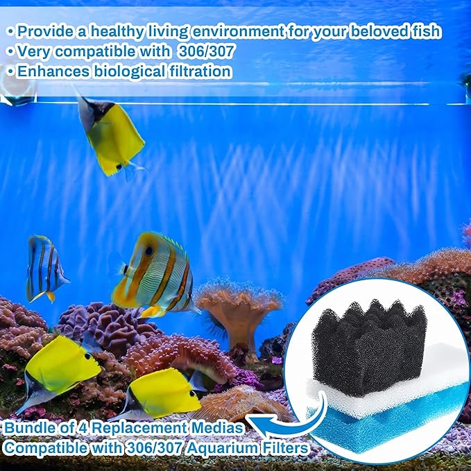 Threlaco 18 Pcs Compatible with 306/307 Bio Sponge Set Compatible with Aquarium Filters Including Blue White Black Bio Sponge for Replacement Filter Media Kit