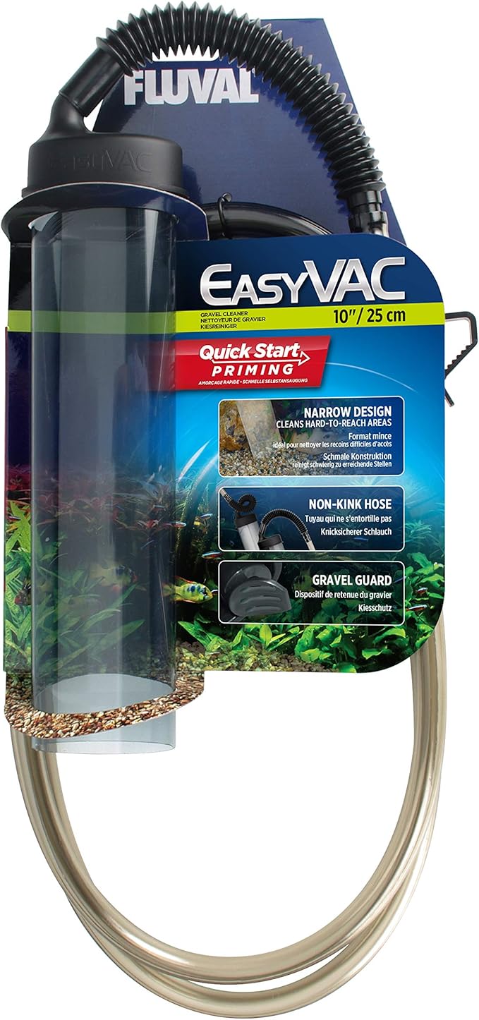 Fluval EasyVac Aquarium Gravel Cleaner Vacuum for Fish Tanks – Quick Start Siphon Water Changer with Non-Kink Hose, Bucket Clip & Gravel Guard for Small, Medium & Large Aquariums - Small