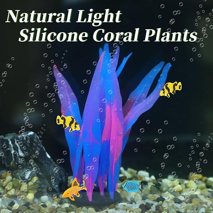Aquarium Glowing Kelp Plant, Soft Silicone, Fluorescence Coral Decor, Blue, 2pcs