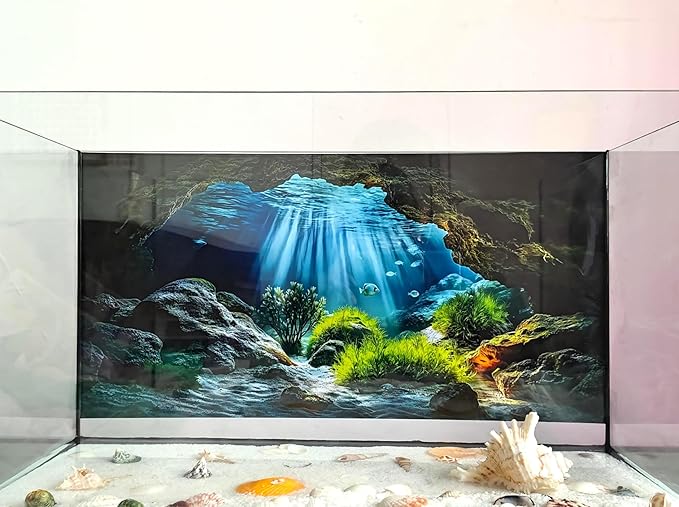Underwater Cave Aquarium Background Rocks Water Plants Sunburst Landscape Fish Tank Background 24x12 Inches PVC Glass Container Decoration with Tapes