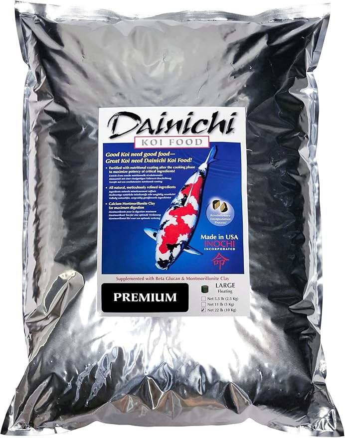Dainichi Koi Fish Food, Premium 22 lb Bag – Large Floating Pellets (8.5 mm) for Koi, Goldfish and Pond Fish – High Protein Formula – Enhances Color and Vitality