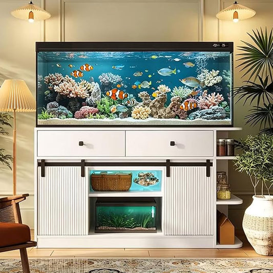 55-75 Gallon Fish Tank Stand with LED Light & Power Outlet, 55.1" Heavy Duty Aquarium Stand with Sliding Fluted Doors, Shelves and Cabinets for Turtle Tank/Reptile Terrarium, 1200LBS Capacity, White