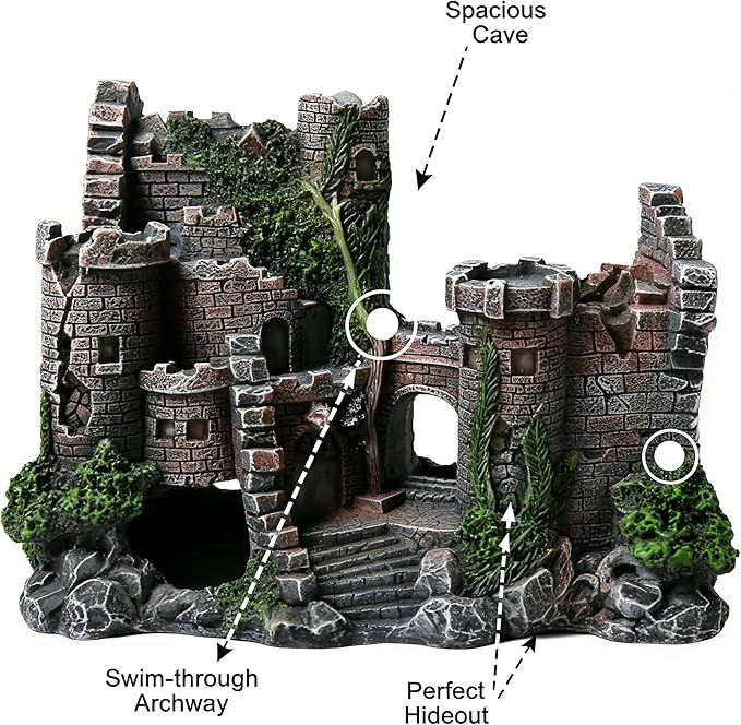 Aquarium Resin Castle Decoration, Air Bubbler Stone Cave Hideout House for Betta Fish, Shrimp & Turtles, Fish Tank Ornament Accessories for Breeding, Playing & Resting ，Decorative Bubbling Castle