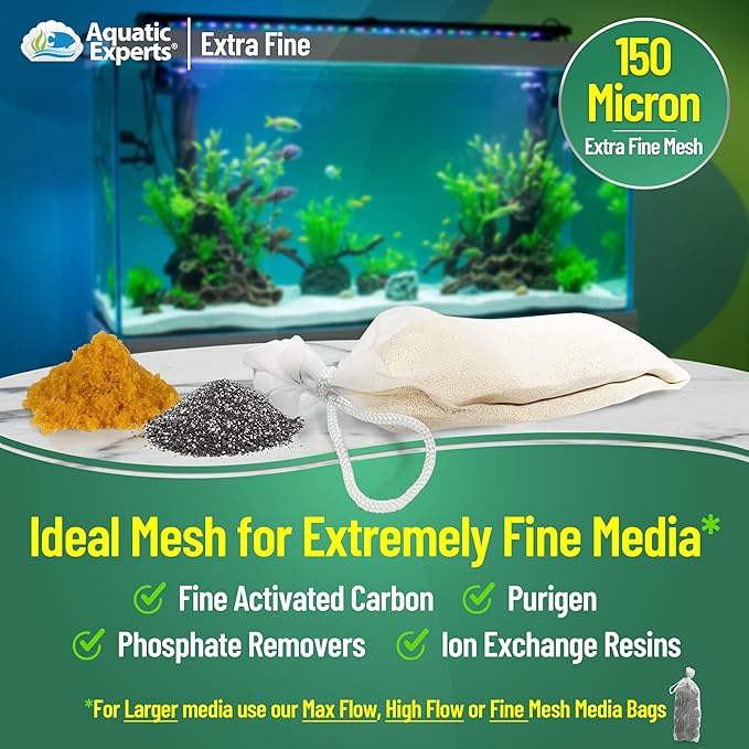 Aquatic Experts Extra Fine Aquarium Media Bag, Durable Drawstring Bags for Fish Tank Filters,150 Micron Mesh, (Extra Fine, 5" x 9" - 4 Pack)