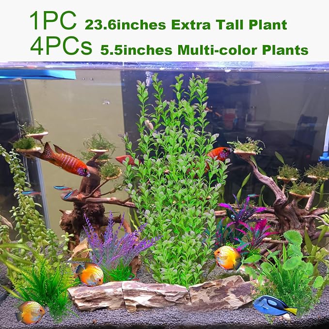 5PCs Mult-Color Aquarium Decor Plants Set, 23.6 Inches Extra Large Artificial Plastic Fish Tank with 4 Plastic Plants, Tall Fish Tank Decorations