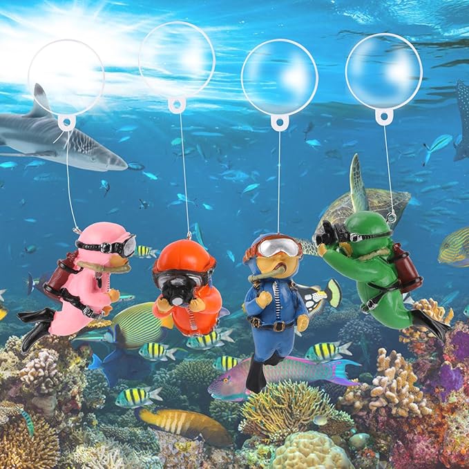 KALIONE Floating Fish Tank Decorations - Cute Little Diver Toys for Aquarium Decor - 4 Pack Ornaments Accessories