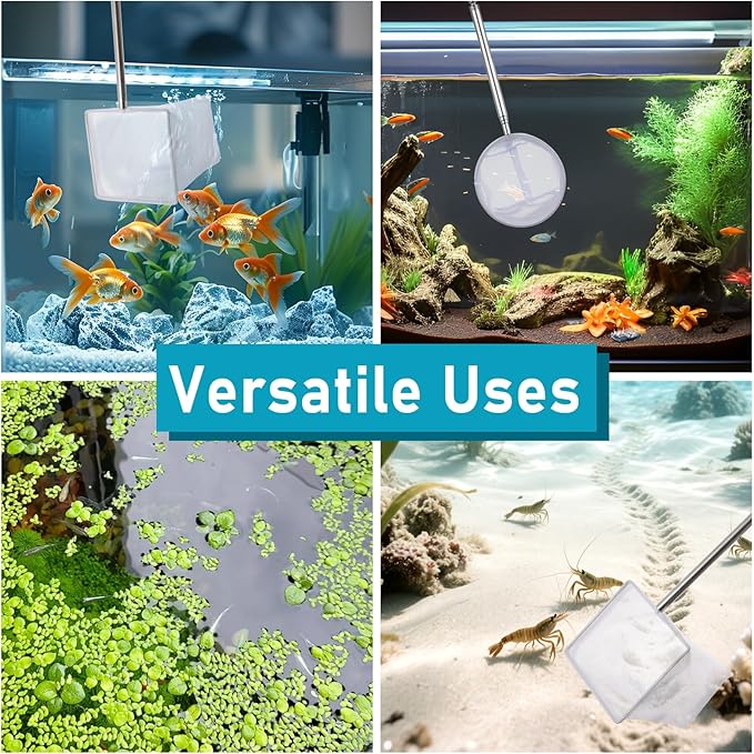4 PCS Fish Tank Shrimp Net Extendable Handle, Aquarium Stainless Steel Small Fishing Net with Adjustable Handle Fishtank Nets Small Nets for ShrimpFish Circle Square Brine ShrimpNet for Aquarium