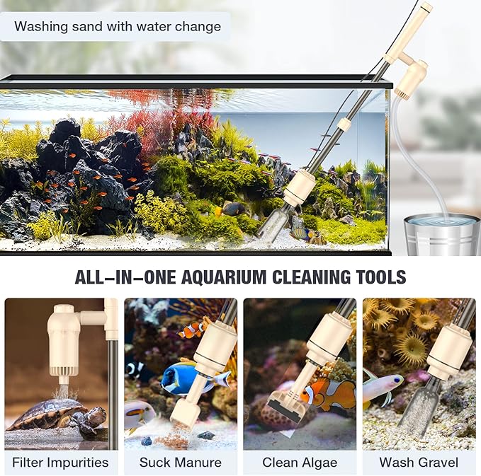 AKKEE Aquarium Vacuum Gravel Cleaner: 18W Gravel Vacuum for Fish Tank with Strong Suction for Automatic Change Water, Remove Dirt Wash Sand Water Shower and Water Circulation, Beige