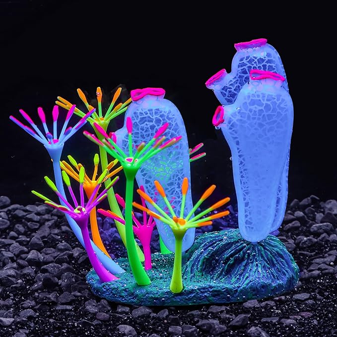 Dynamic Glow in The Dark Aquarium Decorations: Unleashing Visual Effects with Soft Silica Gel, Changing Lights, and Colorful Glowing Coral Ornaments (Blue, Seaweed Moon)