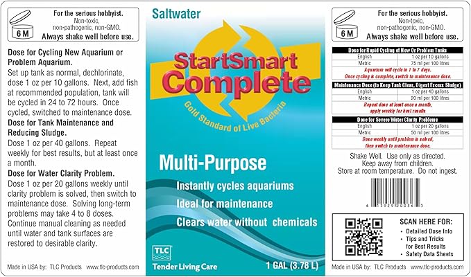 TLC Products StartSmart Complete Saltwater Aquarium Cycle Starter & Beneficial Nitrifiers, Supports Clear Water & Biofiltration, Reduces Excess Sludge, 1 Gallon (3.78 L)