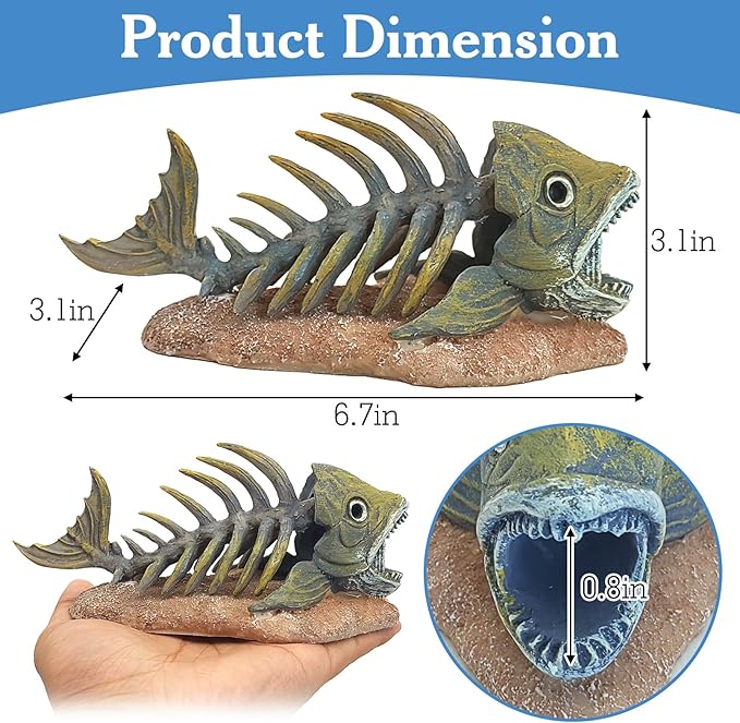 kathson Fish Tank Decorations Resin Piranha Skeleton Aquarium Decor Reptile Tank Accessories Ornament Fish Bone Hideout for Shrimp Lizards Geckos Spiders