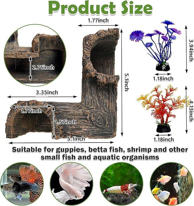 kathson Aquarium Hideaway Cave Underground Tunnel Hideout Resin Rock Dual Hole Hideout for Corners View Fish in Aquarium Decoration with 2PCS Plastic Aquatic Plants for Betta Shrimp Guppy Hide