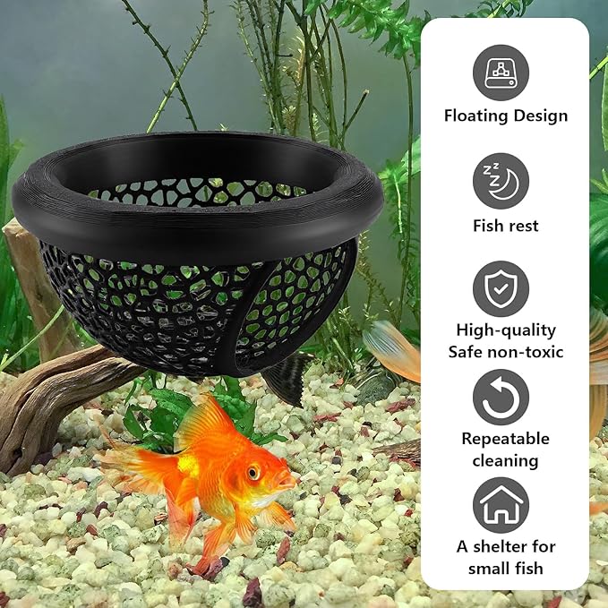 Floating Betta Hammock & Shrimp Shelter – 3D Printed Aquarium Decor with Feeding Ring, Safe Resting Spot for Betta Fish, Shrimp and Small Fish（Black）