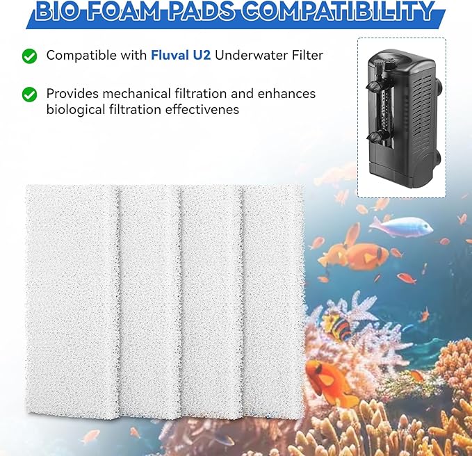 Aquarium Filter Bio Foam Pads Compatible with Fluval U2 Underwater Filter, A486 Replacement Filter Foam for Fish Tank, Filter Sponge Media for Freshwater and Saltwater Tanks, 4 Pack