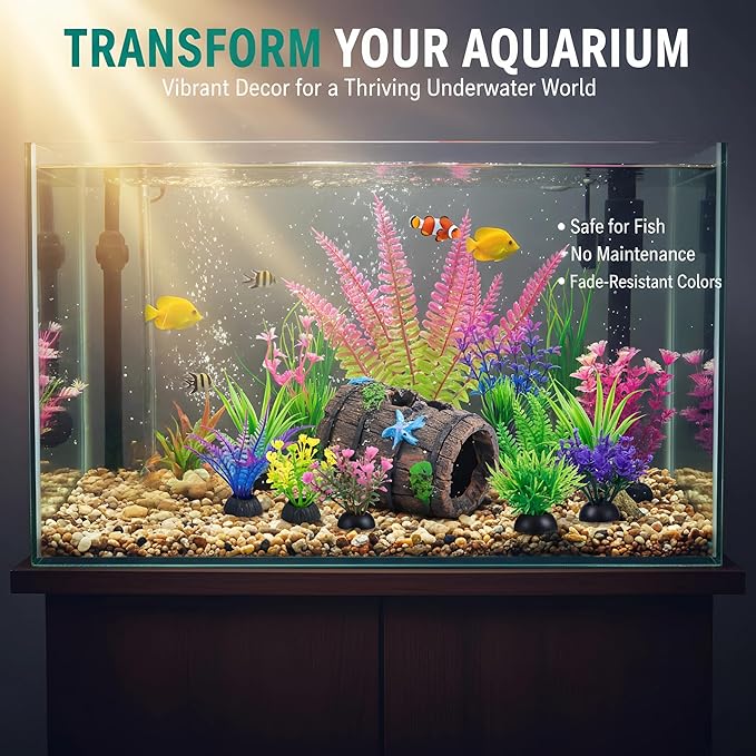Ameliade Fish Tank Accessories Decorations Set with Broken Barrel Cave & 11 Artificial Aquatic Plants - Betta Goldfish Hiding Spots for Aquariums, Small Bowl Ornament Decor