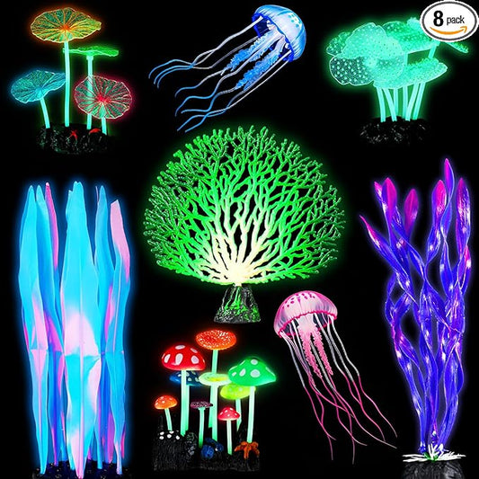 Frienda 8 Pieces Glowing Effect Fish Tank Decorations Artificial Plants with 2 Style Glowing Kelp, Sea Anemone, Simulation Coral, Jellyfish, Lotus Leaf, Mushroom for Aquarium Ornament(Blue, Pink)