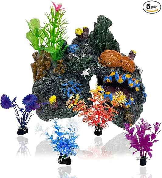 PINVNBY Aquarium Coral Reef Decor Resin Fish Tank Decorations Rock Mountain Cave Ornaments for Goldfish Betta Fish Sleep Rest Hide Play Breed with 4 PCS Aquatic Plants (Small Size)