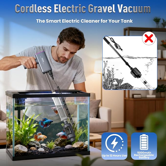 Cordless Electric Aquarium Gravel Cleaner: Rechargeable Fish Tank Cleaner with 4 Adjustable Suction, Anti-Clog for Debris Clean & Sand Washing,650GPH Automatic Water Changer for Small/Large Tank