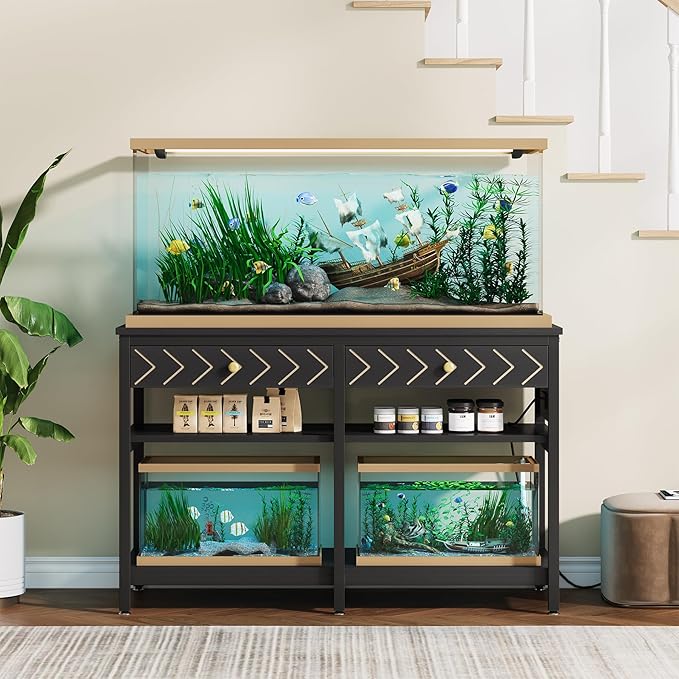 40-50 Gallon Aquarium Stand, Fish Tank Stand with Power Outlets and Drawers, Heavy Duty Metal Reptile Tank Stand for Turtle, 911LBS Capacity, Black (No Aquarium)