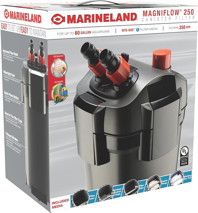 Marineland Magniflow 250 Canister Filter, 1 Count, For Up to 60-Gallon Freshwater or Saltwater Aquariums, Includes Rite-Size S Filter Foam and Polishing Filter Pads, Premium Activated Carbon Bags