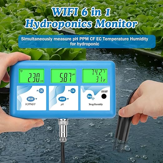 Hydroponic ppm pH Monitor, WiFi 6 in 1 pH EC Meter for Hydroponics Growing System,Continuous Monitoring pH PPM EC CF Humidity Temp of DWC Grow System Water Reservoir Tank Aeroponic Garden Aquarium