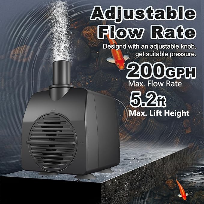 SongLong Submersible Pump 200GPH (800 L/H 15W) Ultra Quiet with Over Heating Protection 5.2ft High Lift for Fountains, Hydroponics, Ponds, Aquariums & More……
