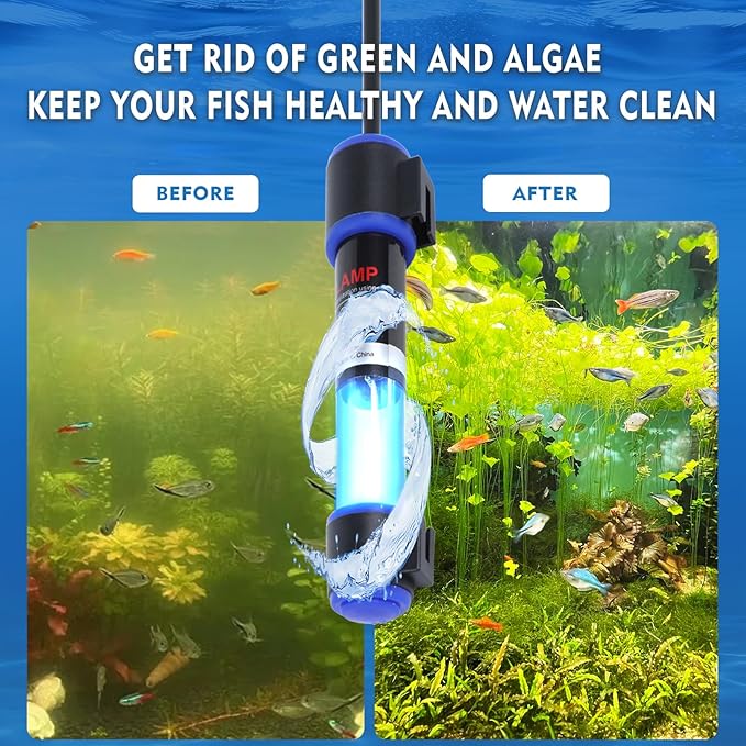 UV-C Aquarium Clean Light with Timer, Mini 3W 5W 7W 9W 11W Submersible Algae Clean Light Water Green Clean Fish Tank Water Clean Lamp for Sump Pond Filter Tank (9W Timer)