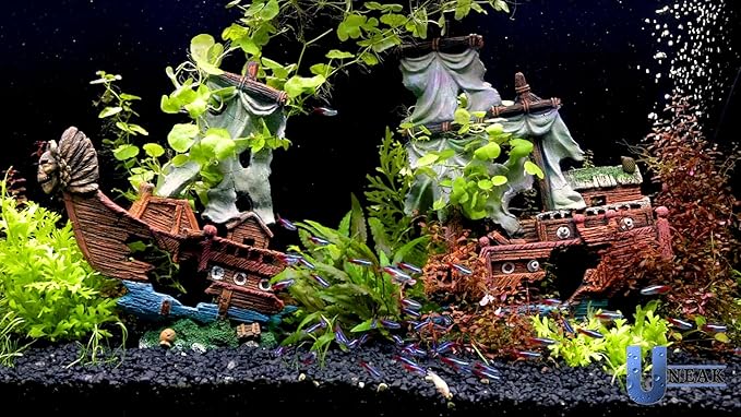 UNEAK - XXL Shipwreck Aquarium Large Decorations Ornament w/Sail (2 Pieces) 20 Gallons high and Larger Fish Tank, Sunken Ship Decoration Ornaments, Pirate Boat, Resin, Freshwater Saltwater Decor