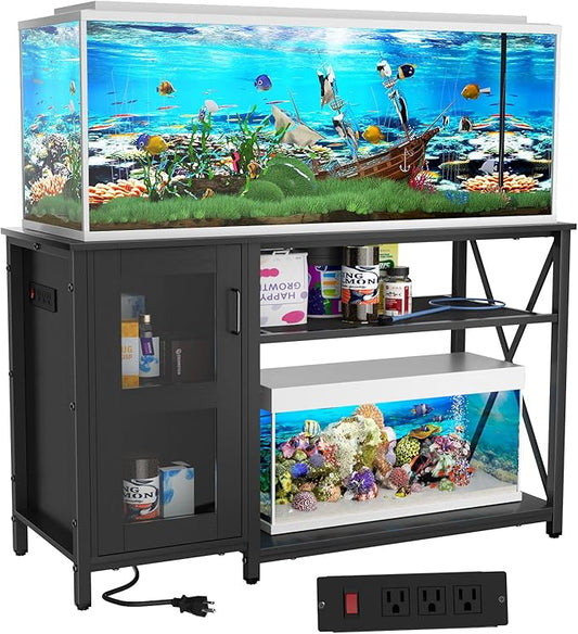 BEURUKU 55-75 Gallon Fish Tank Stand , Aquarium Stand with Cabinet & Power Outlets for Fish Tank Accessories Storage, Heavy Duty Metal Terrarium Stand, 52" L*19" W Tabletop, 1200LBS Capacity, Black