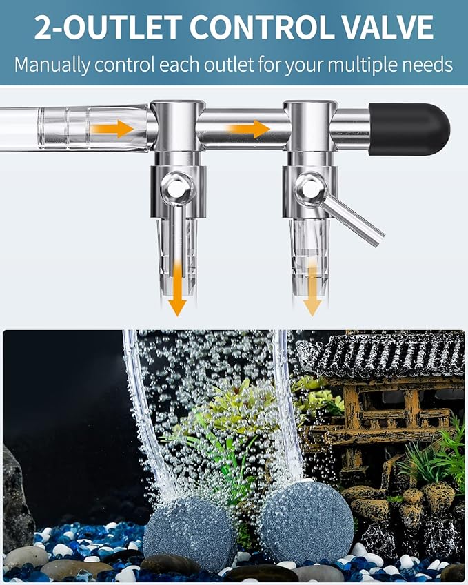 Pawfly 2-Way Aquarium Air Flow Control Lever Valve Manifold for Air Pumps Fish Tank Multi-Port Distributor Splitter with 1 Non-Return Check Valve T-Shape & Straight Connectors and 4 Suction Cup Clips