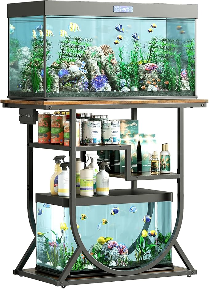 HavenlyYouth 20-29 Gallon Fish Tank Stand with Power Outlet, Metal U Shaped Aquarium Stand with Storage Shelves, Heavy Duty Terrarium Rack for Home Office, 31.5" L x 15.7" W x 29.4" H, Rustic Brown