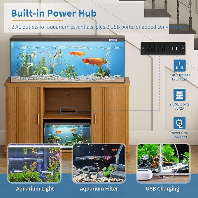 Fish Tank Stand, 75 Gallon Tank Stand with Sliding Cabinet Door, Heavy Duty Aquarium Stand with Power Outlet for Turtle Tank, Reptile Terrarium, 1000LBS Capacity (Yellow Walnut)