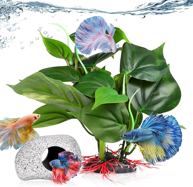 Cichlid Caves for Aquarium - Hideaway Rock Cave with Fish Tank Plants for Betta Shrimp Cichlid Hiding Breeding, Underwater Plastic Plant Aquatic Decor