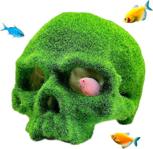 Tfwadmx Mossy Skull Aquarium Decor, Resin Fish Tank Decorations Shrimp Cave Aquarium Betta Fish Hiedout Reptile House for Small Fish
