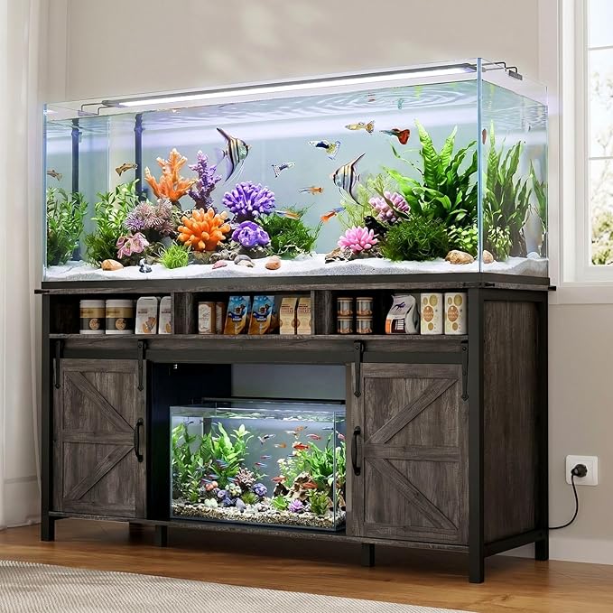 VOWNER 75-120 Gallon Fish Tank Stand with Power Outlet, Farmhouse Aquarium Stand with Storage Cabinet & Sliding Barn Doors, Heavy Duty Reptile Tank Stand, for 2 Tanks, 1000LBS Capacity, Grey