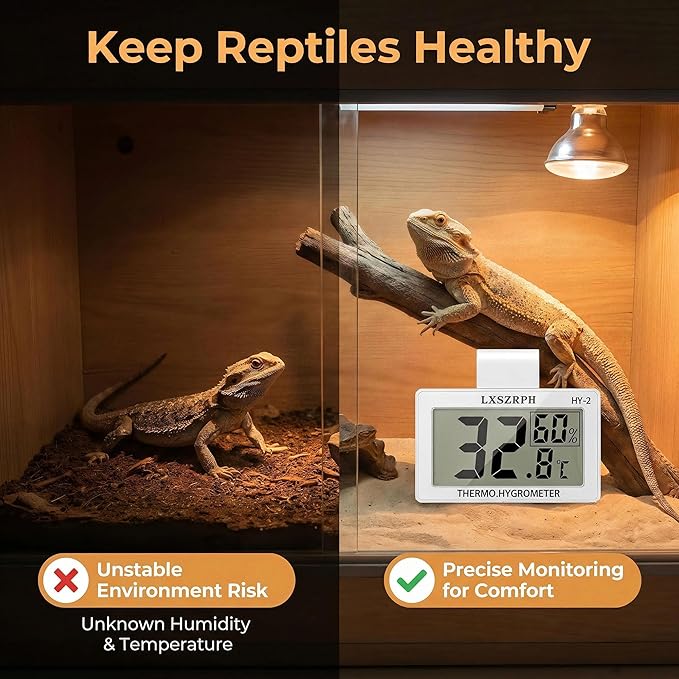 Reptile Hygrometer Thermometer, Digital Amphibian Hygrometer Thermometer with Hook, Temperature Humidity Meter Gauge for Reptile Tanks, Terrariums, Vivarium, LCD Display (2 Packs)