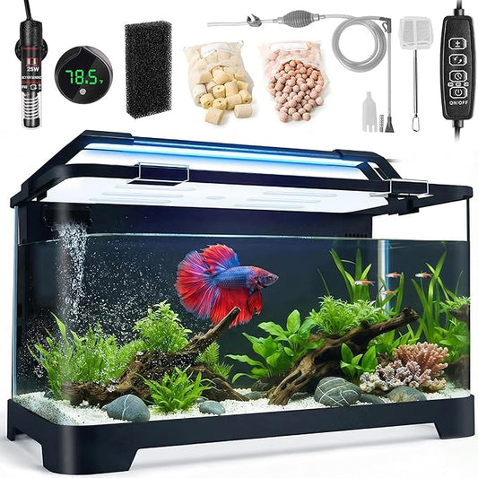 3.5 Gallon Betta Fish Tank, All in One Aquarium Starter Kits with Back Filter, Adjustable Pump, 25W Heater, LED Thermometer, LED Light with Timer & Water Changer Kit, Gifts for Mom Wife