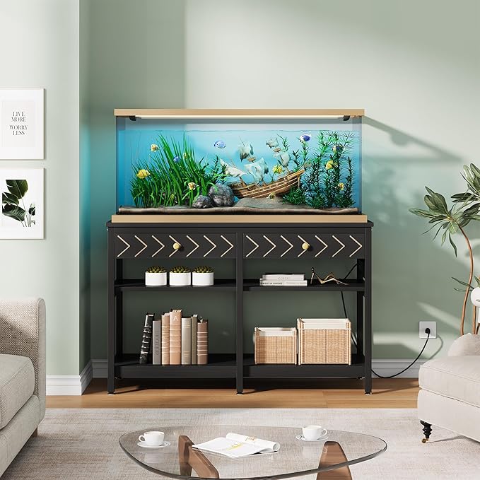 40-50 Gallon Aquarium Stand, Fish Tank Stand with Power Outlets and Drawers, Heavy Duty Metal Reptile Tank Stand for Turtle, 911LBS Capacity, Black (No Aquarium)